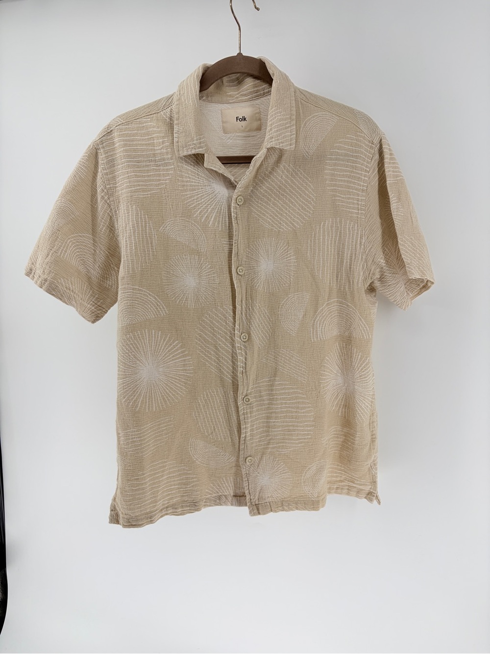 Folk Clothing Jay Beige Short Sleeve Textured Button-Down Shirt 100% Cotton L